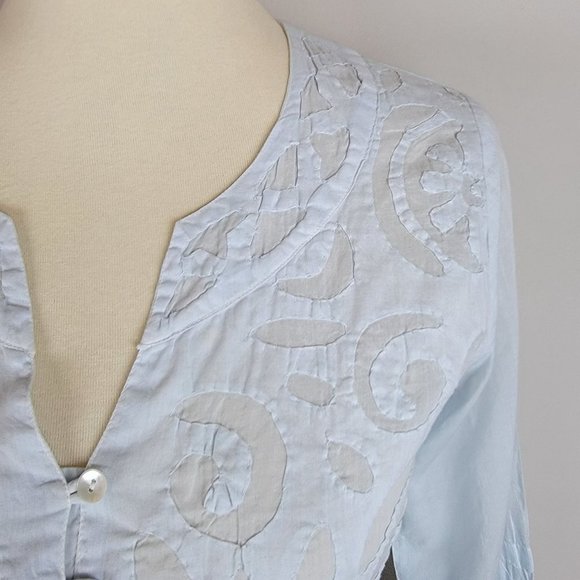 Le Cera Hand Sewed Blue Floral Patchwork Button Beach Cover Up Sheer Tunic Top S - Picture 15 of 15